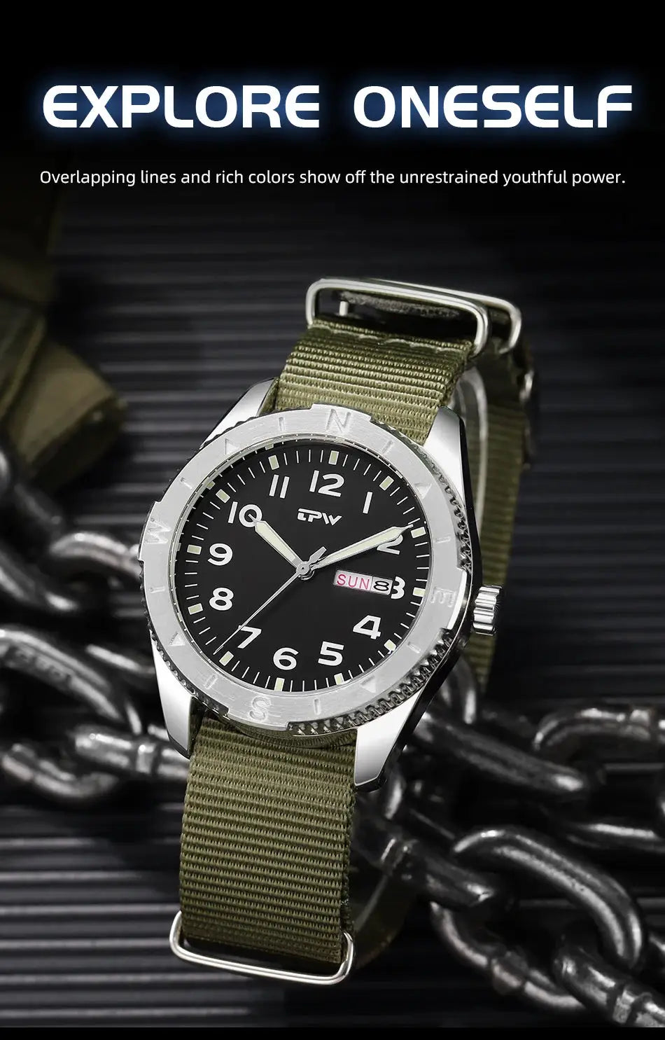 TPW 40mm field watch with black dial, luminous hands, day/date window, rotating bezel, olive fabric strap.