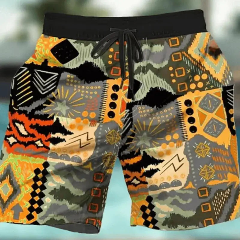 Board shorts with bold multicolor geometric print; quick-dry fabric, unisex fit