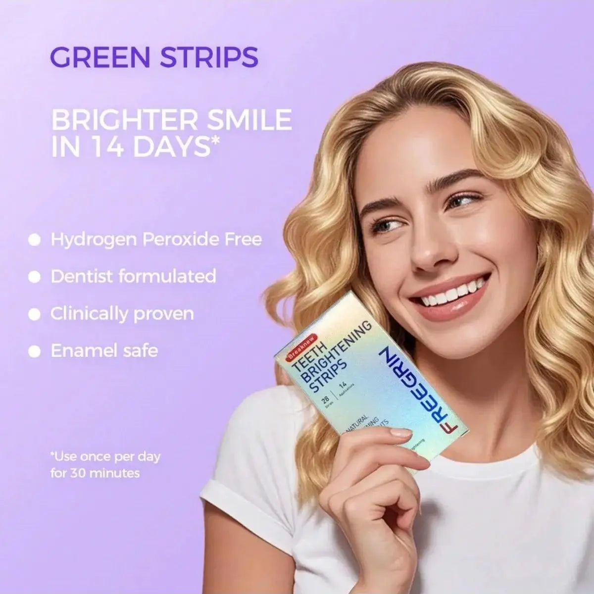 Deluxe whitening teeth strips box held by smiling woman against lavender background