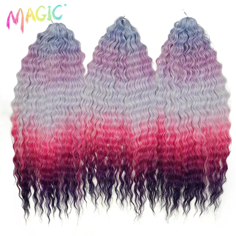Magic Ariel Curl water-wave crochet braiding hair extensions, ombre blonde to purple, 22in, 3 bundles
