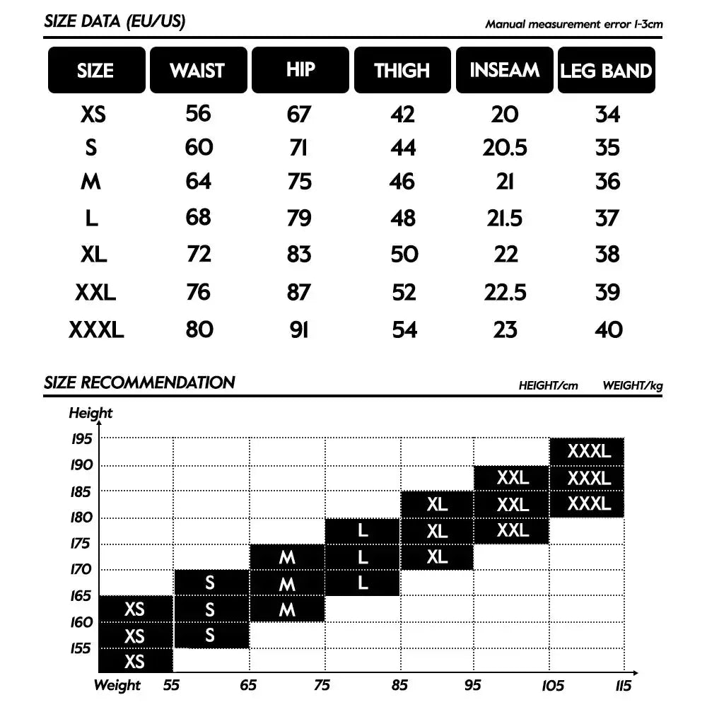 Men's cycling bib shorts size chart with EU/US sizes and height/weight recommendations