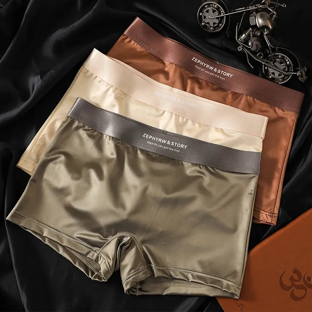 3-pack satin-like panties with Zephyr & Story branded waistbands in bronze, cream, and taupe