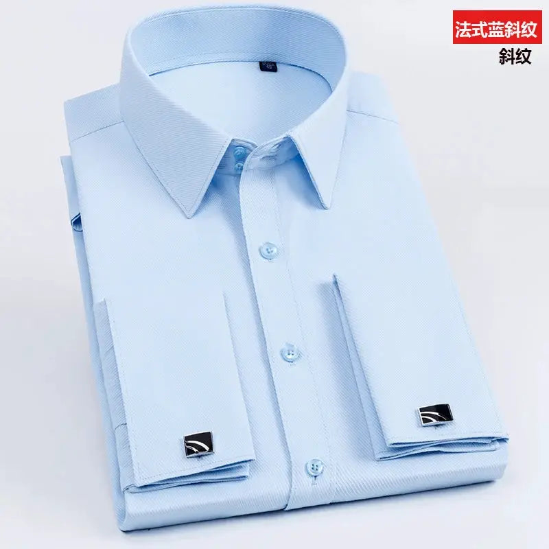 Men's light blue dress shirt with French cuffs and cufflinks by Simples Market, slim fit long sleeve, solid color