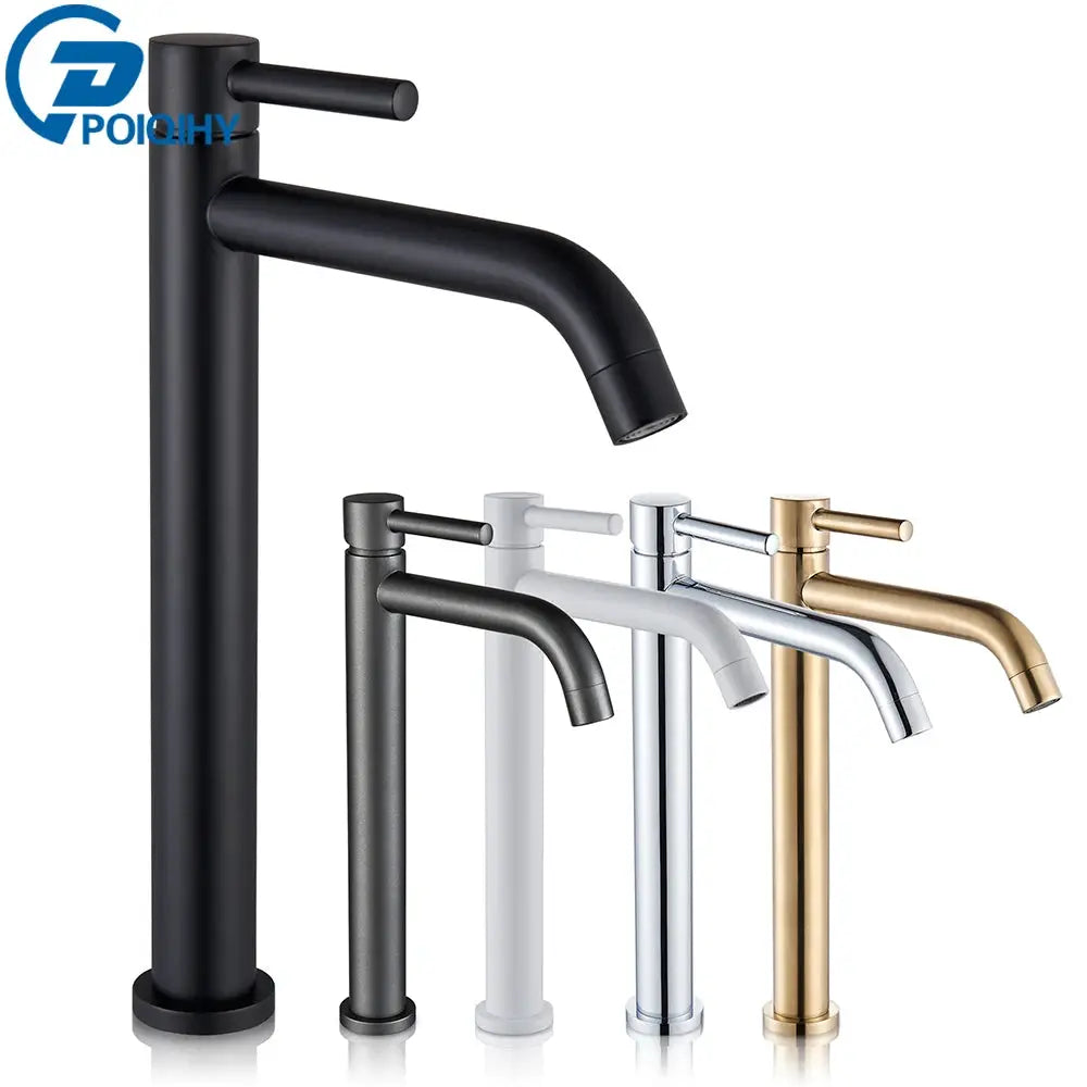 Set of five bathroom basin taps in black, gunmetal, white, chrome, and brushed gold finishes