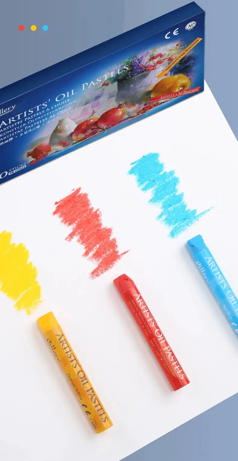 MUNGYO Artist Oil Pastels set in blue box; three sticks red, yellow and blue on white sheet