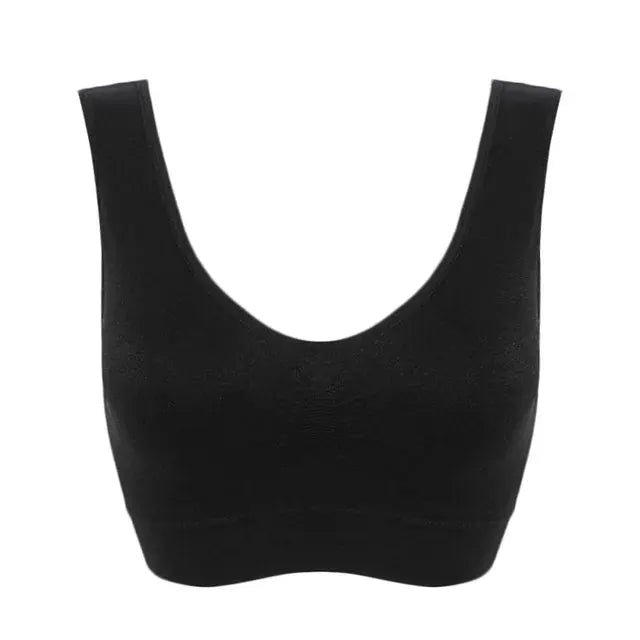 Sports bra wireless seamless black with scoop neck and wide straps