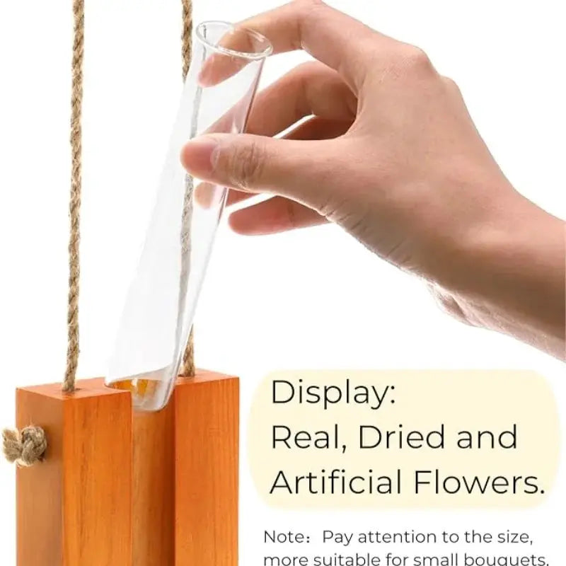 Wooden hanging planter set (2 blocks) with glass propagation tube, orange wood and rope.