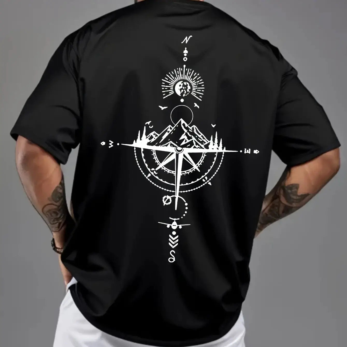 Mens 100 Percent Cotton Summer Casual T Shirt Loose Oversized Retro Compass Print Round Neck Short Sleeve