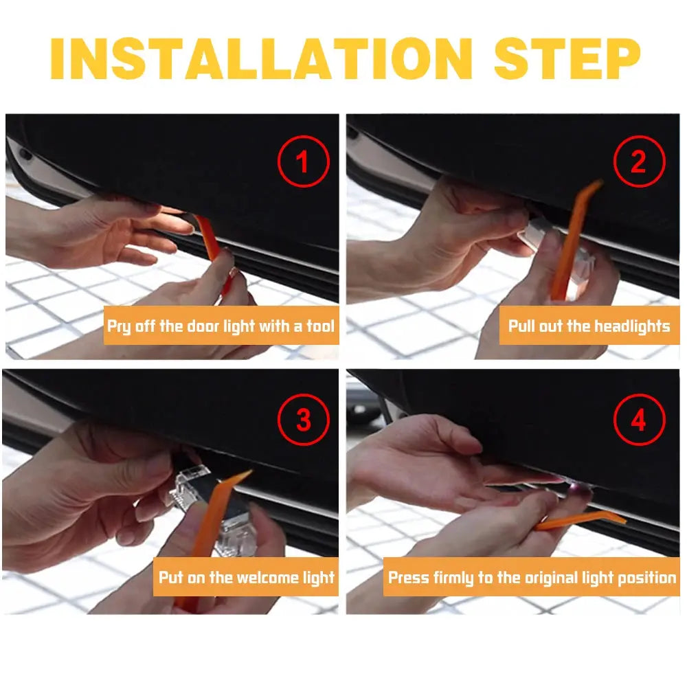 Simples Market amber LED car door interior welcome light for Audi models – installation steps collage.