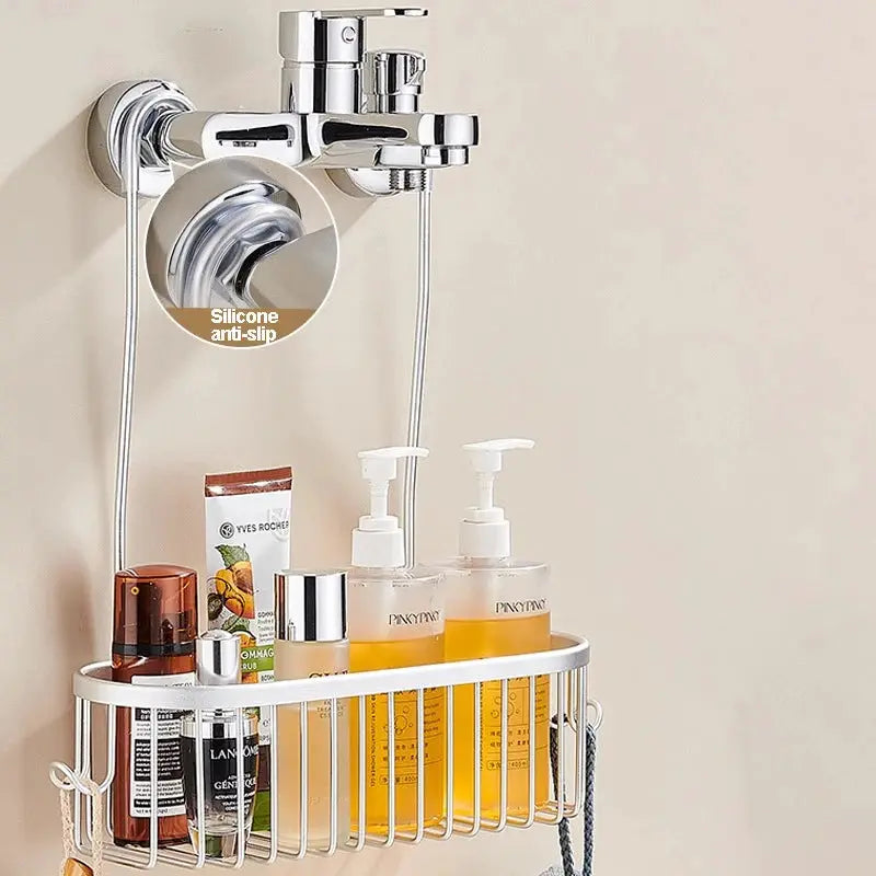 Simples Market chrome shower caddy hanging organizer with basket and hooks, no-drill mounting.