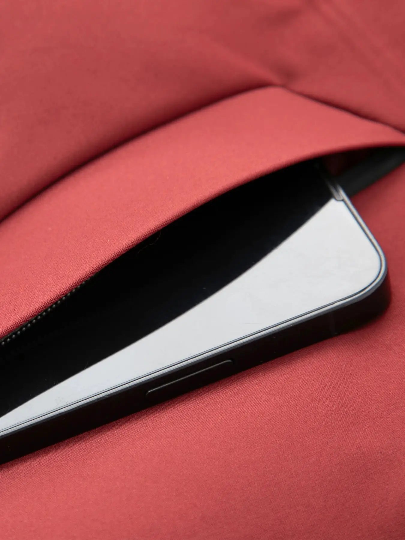 Men's red cotton jacket, casual business outerwear; close-up fabric detail