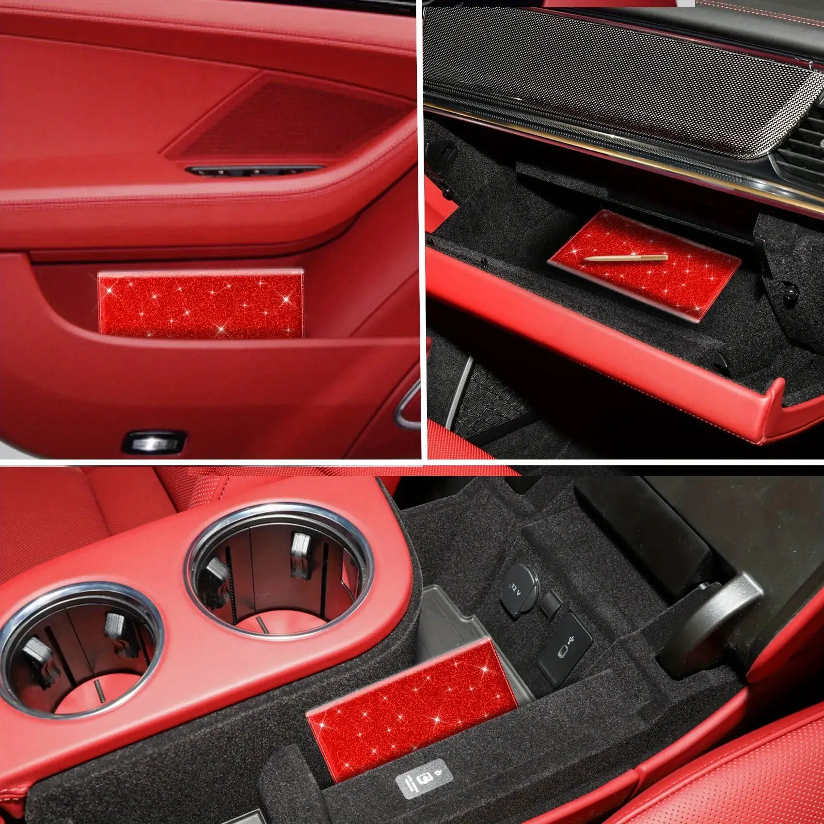 Men's red glitter card holder (2) shown in a red car interior with glove compartment