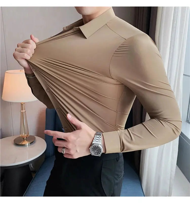 Long-sleeve seamless shirt, beige, high-elasticity, plus-size 4XL men's top
