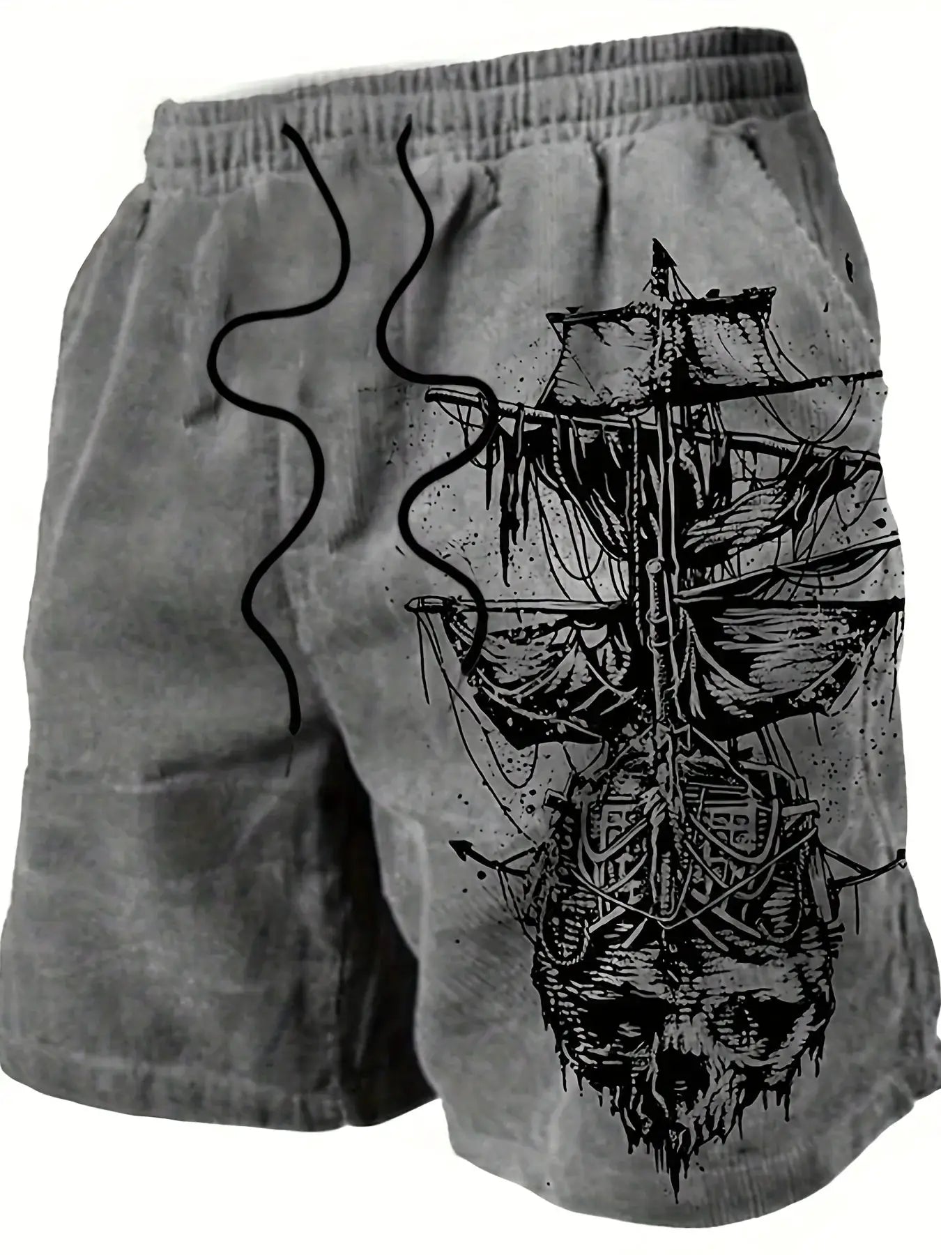 Men's gray quick-drying swim shorts with pirate skull sailboat print and drawstring