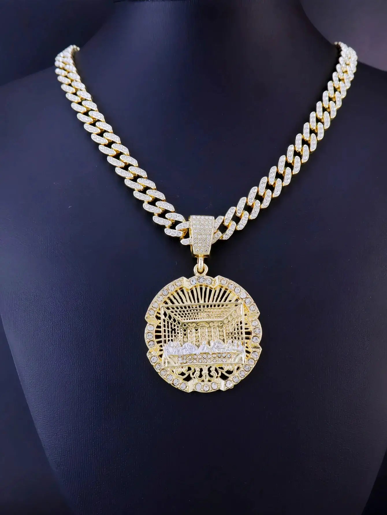 14K Gold tone Last Supper Round Medallion Necklace With Cuban Chain And Figaro Cross Charm For Hip Hop Punk Style