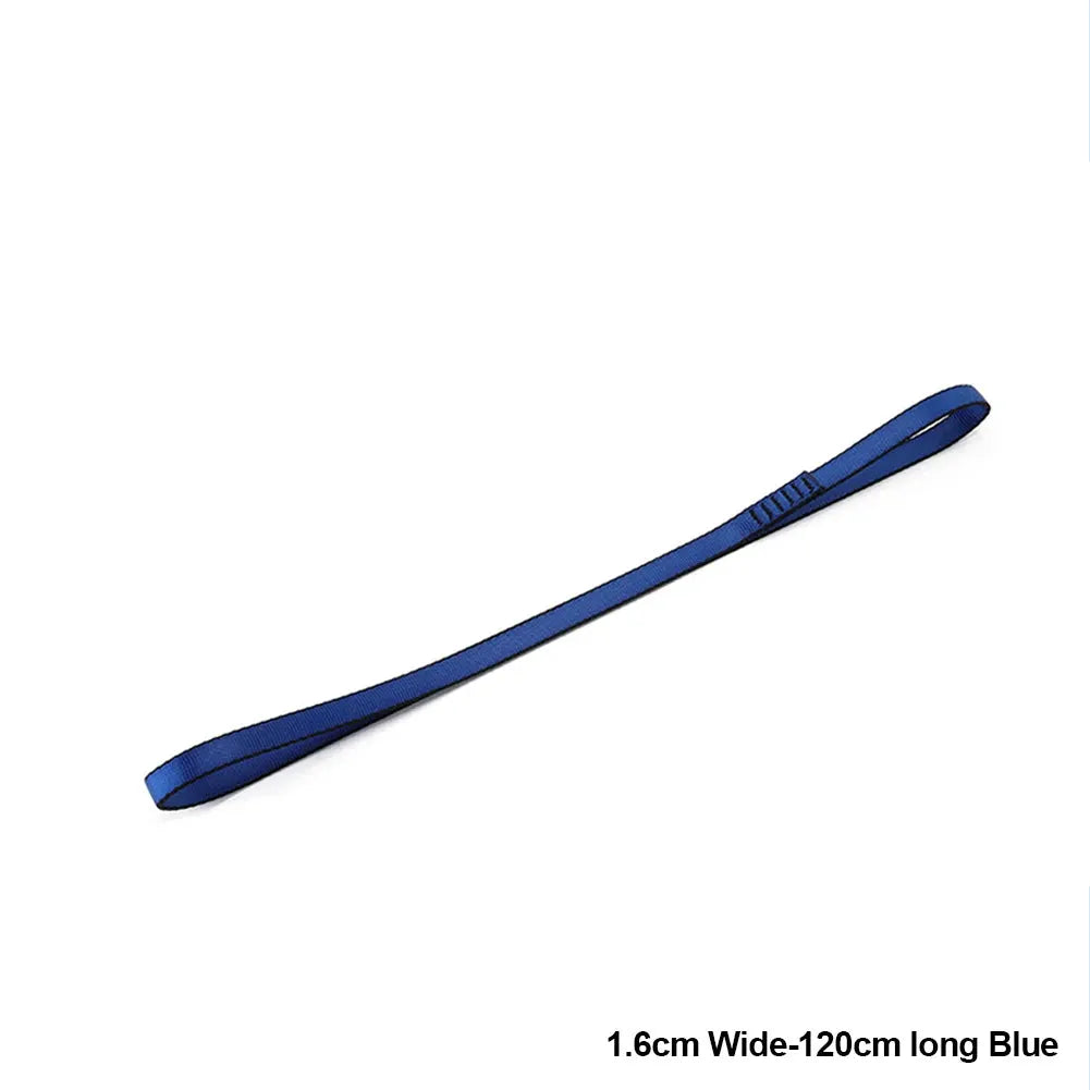 Climbing sling runner, blue webbing strap, 1.6 cm wide x 120 cm long
