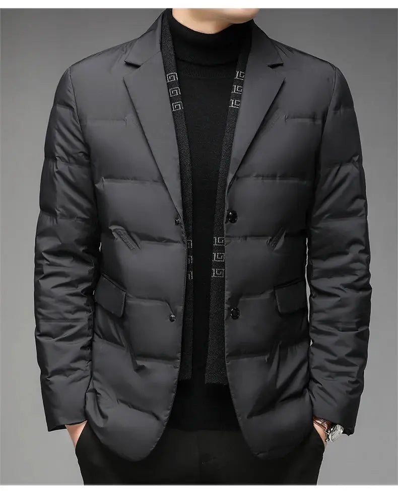 Men's duck-down puffer jacket by Simples Market in dark gray with removable scarf collar