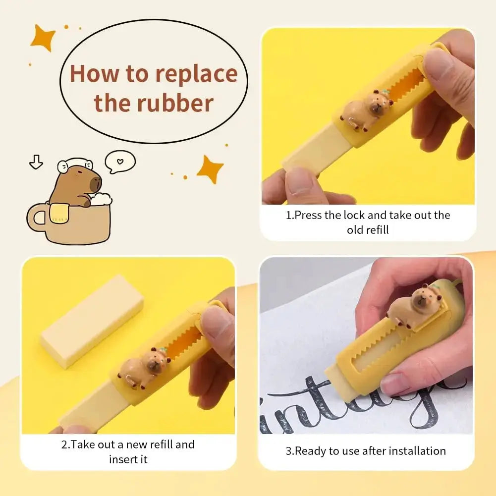 Simples Market Capybara erasers set: yellow retractable 4B erasers with cute capybara design.