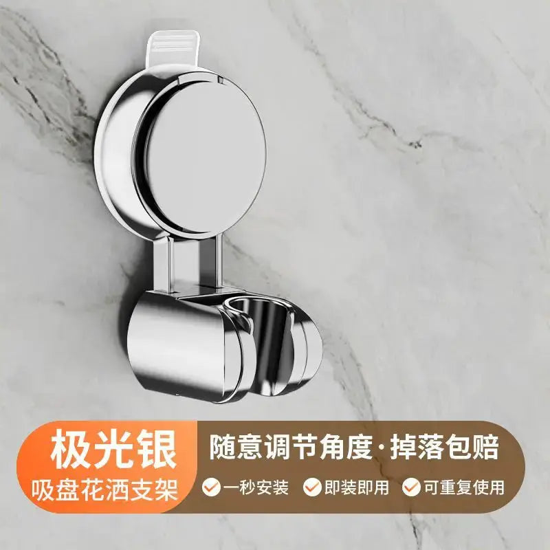Shower head holder with chrome finish, suction-cup wall mount, 360° adjustable for handheld showers.