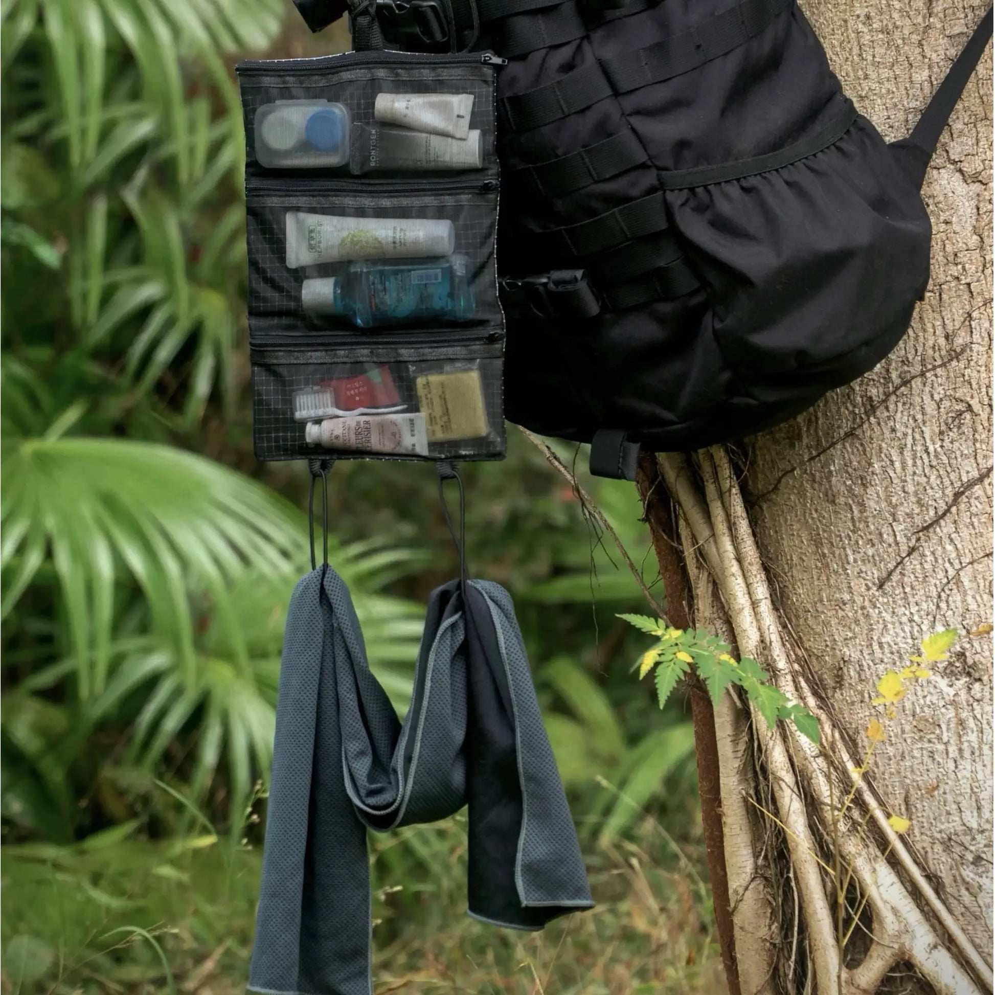 HODRGEAR Ultralight Toiletries Organizer, black UHMWPE gridstop roll-up mesh with clear pockets