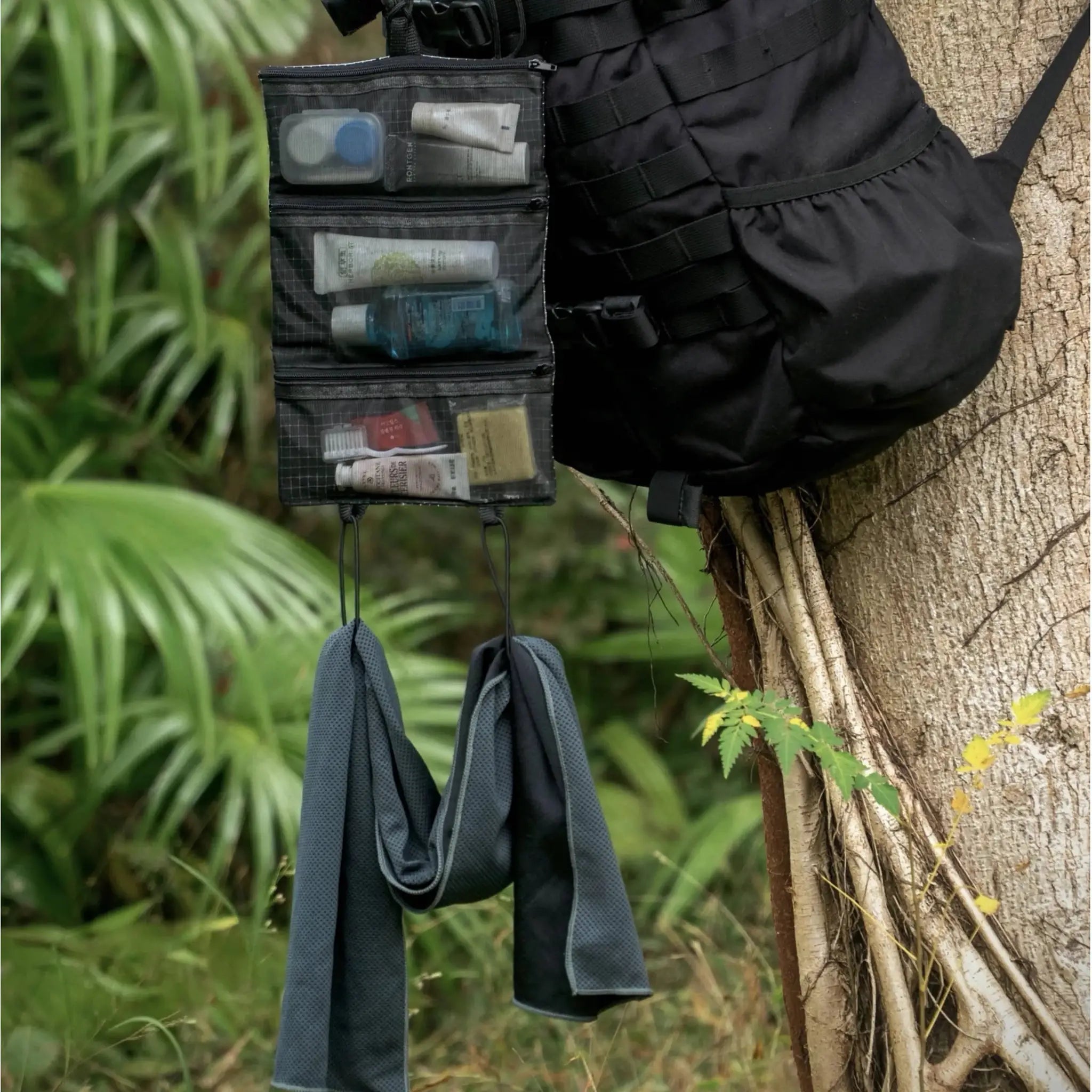 HODRGEAR Ultralight Toiletries Organizer, black UHMWPE gridstop roll-up mesh with clear pockets