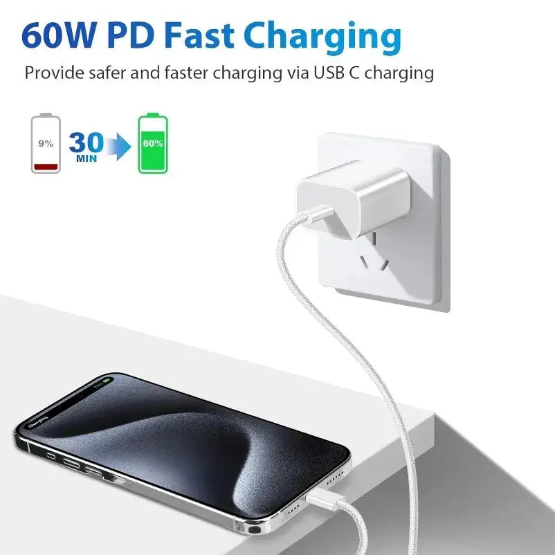 Vikefon USB C to USB C 60W Fast Charging Cable High Power Charge for iPhone 15 16 Samsung Xiaomi Huawei