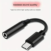 Type-C to 3.5mm headphone adapter with braided black cable and USB-C plug