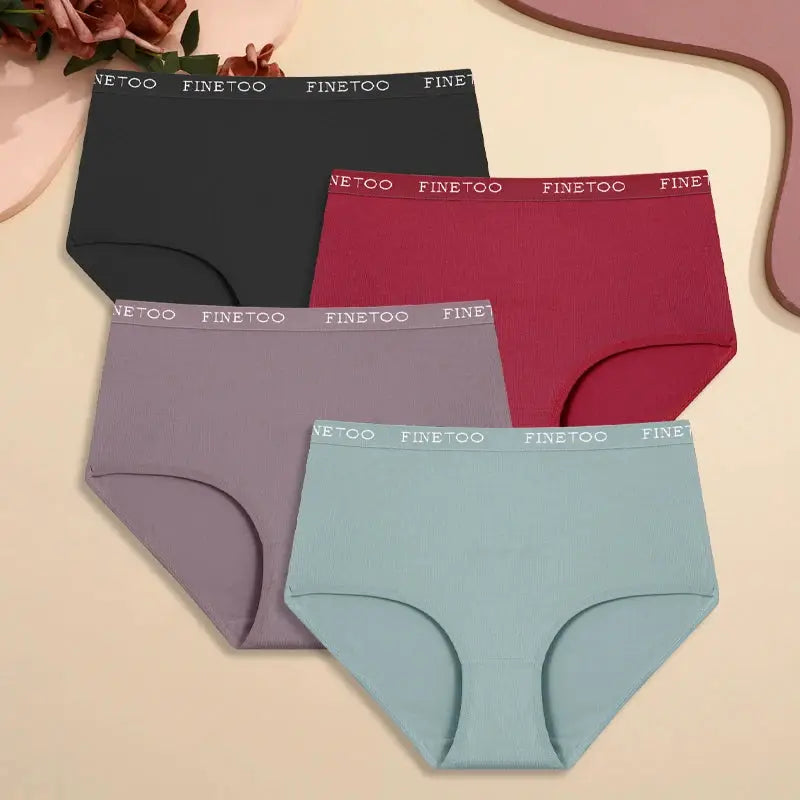 5-pack S-XXL high-waist cotton underwear set with FINETOO waistband in black, burgundy, lavender, mauve and light blue
