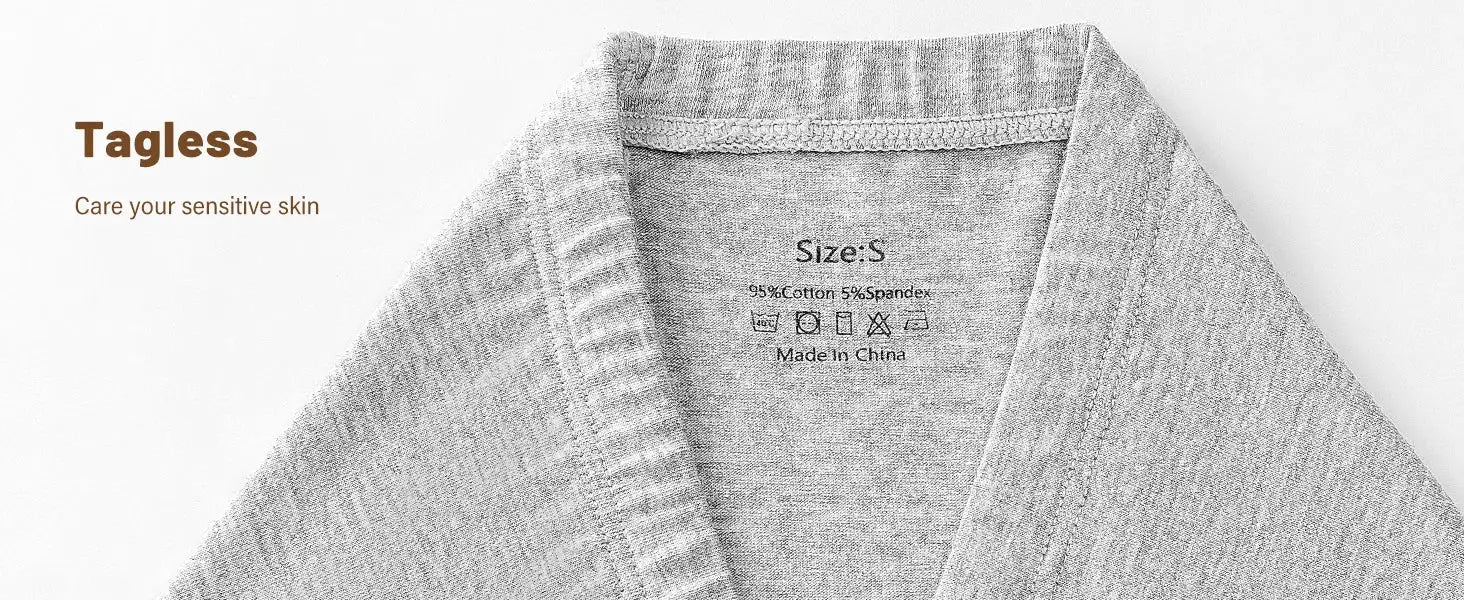 Tagless underwear fabric close-up in grey; size S, 95% cotton 5% spandex, care symbols, Made in China