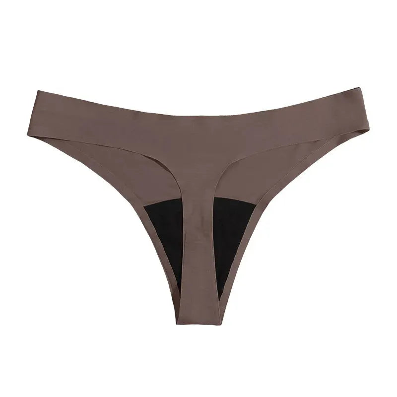 Simples Market 4-layer leak-proof menstrual thong panty, taupe with black inner panels