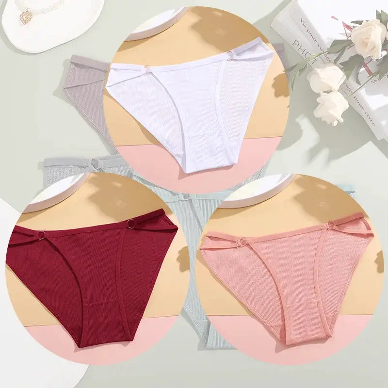 3-pack women's cotton ribbed panties in white, burgundy, and pink with bow accents