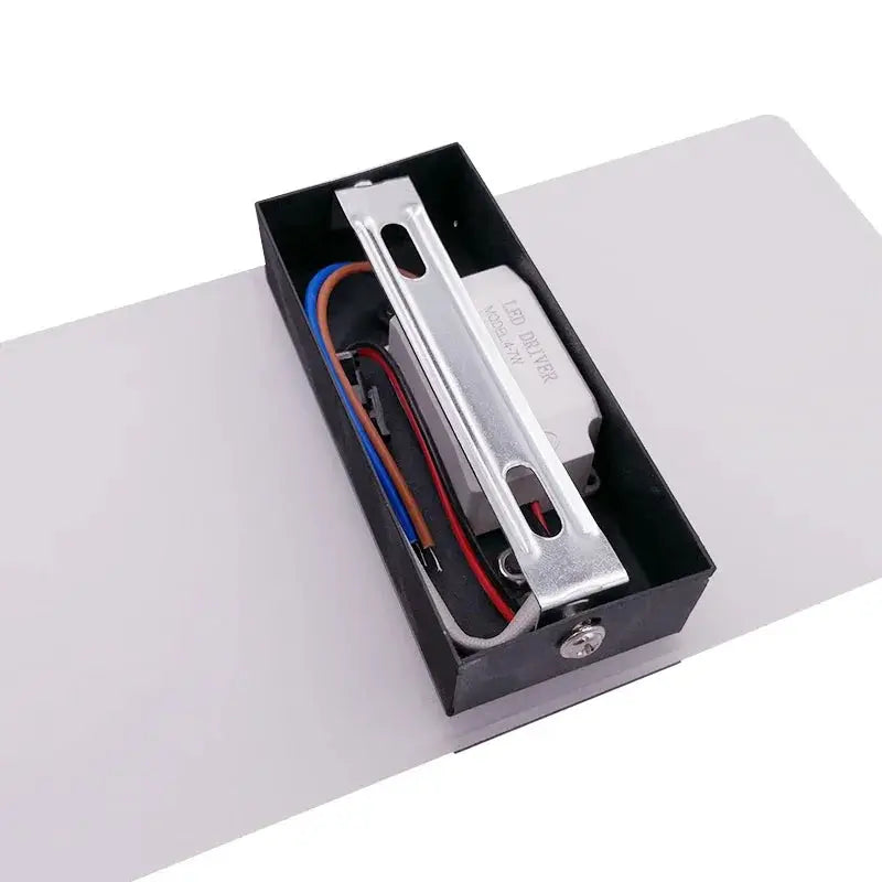 LED acrylic wall light, long style, black housing with silver mounting bracket and visible wiring