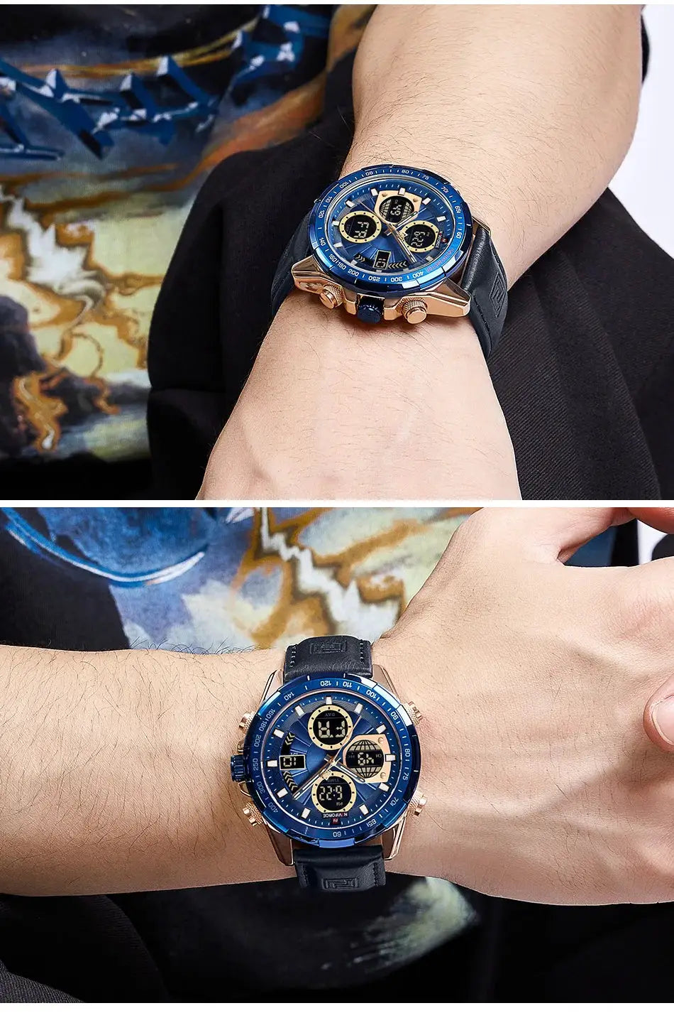 NAVIFORCE men's chronograph watch, blue bezel with leather strap