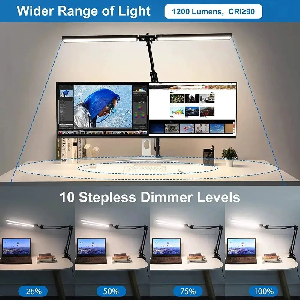 LED desk lamp by Simples Market, black double/single head with adjustable gooseneck, 1200 lumens, 10-step dimmable