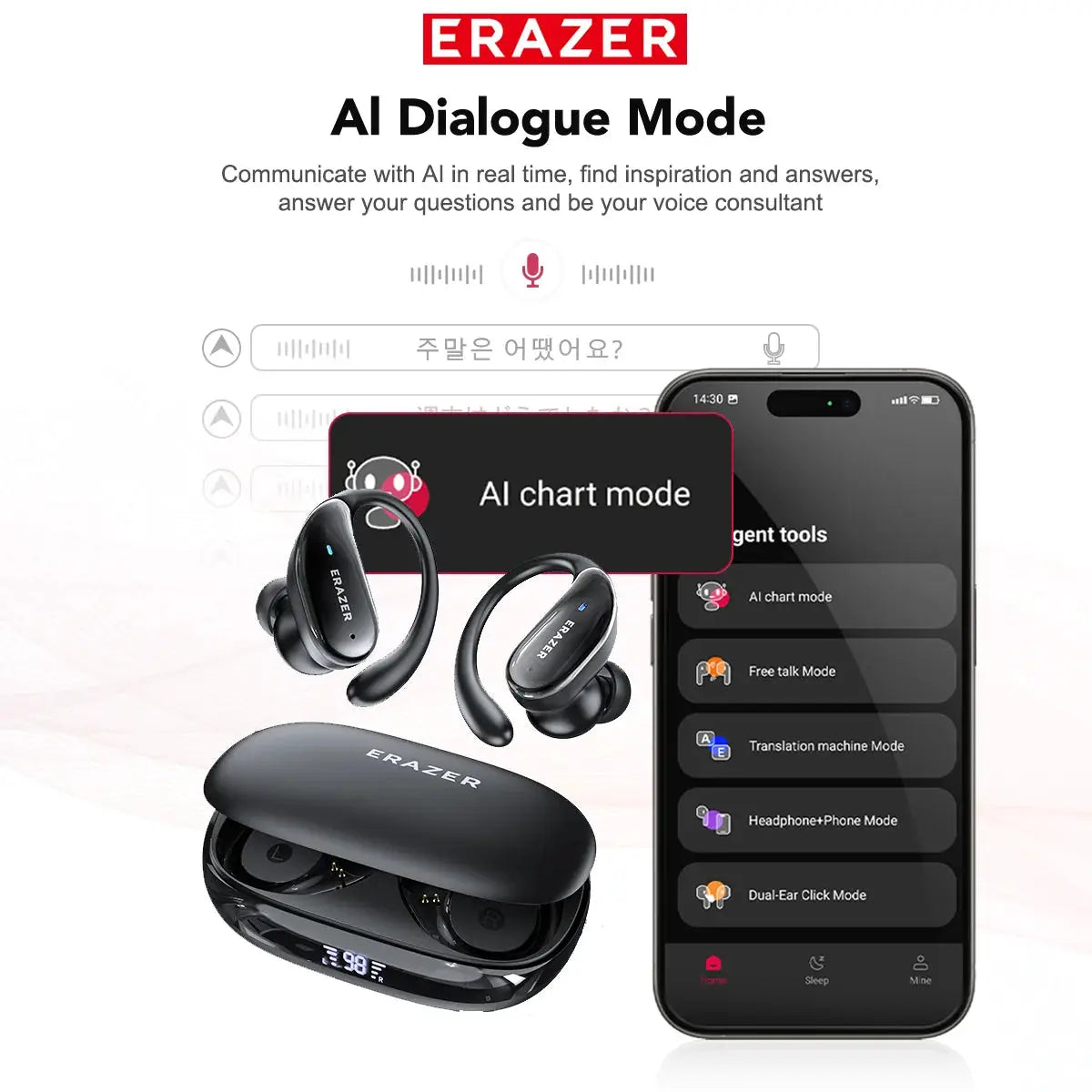 ERAZER XT80pro TWS AI Bluetooth Earphones with charging case, black wireless earphones with earhooks