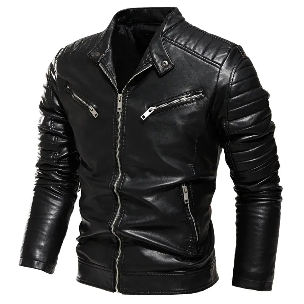 Men's black leather motorcycle jacket with quilted shoulders and zip pockets by Simples Market
