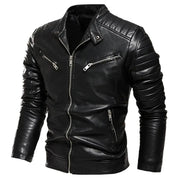 Men's black leather motorcycle jacket with quilted shoulders and zip pockets by Simples Market