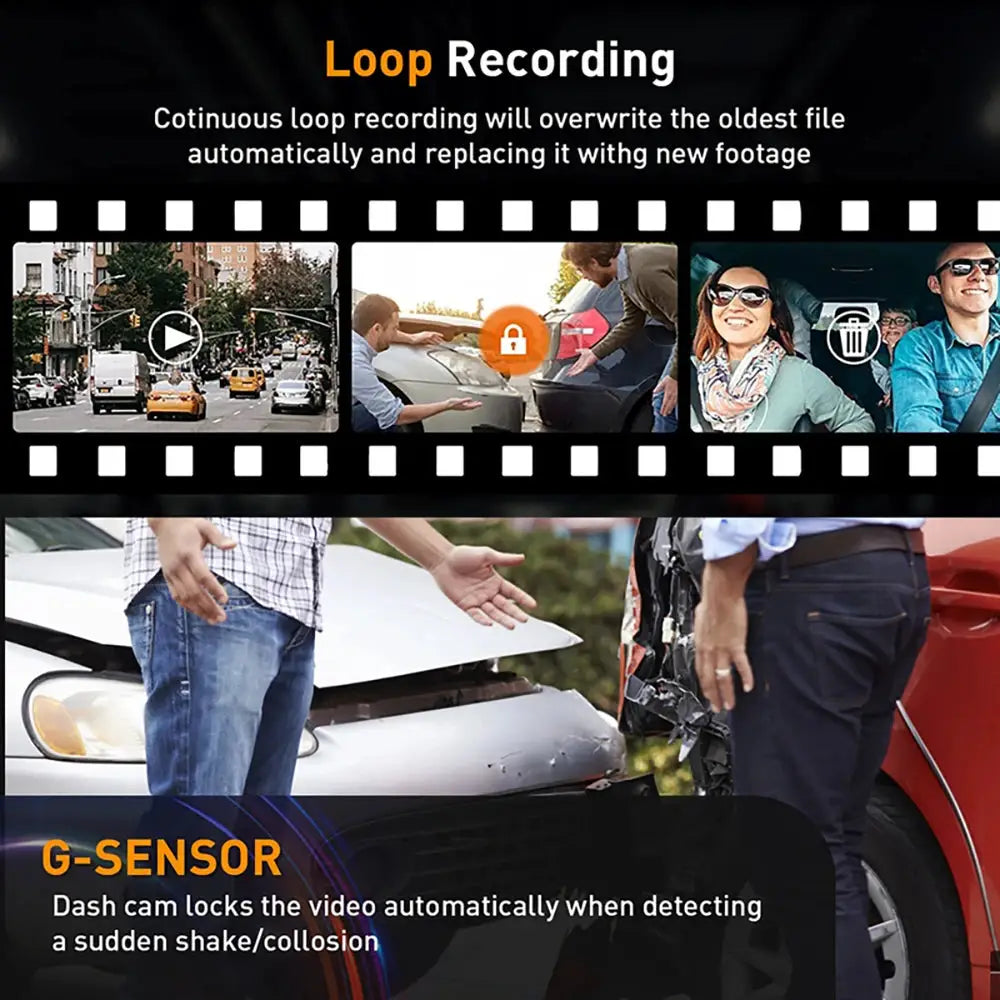 3-channel dash cam for cars by Simples Market, black body, 1080P video with rear-view camera.