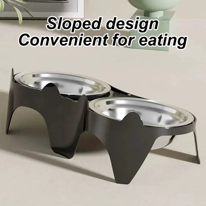 Stainless steel cat food and water bowls on anti-tip dual-stand, 2 bowls, easy-eat design