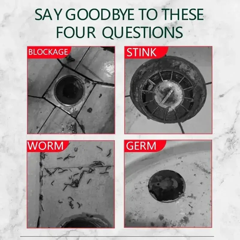 Floor drain anti-odor core device by Simples Market; collage shows four issues: blockage, stink, worm, germ.