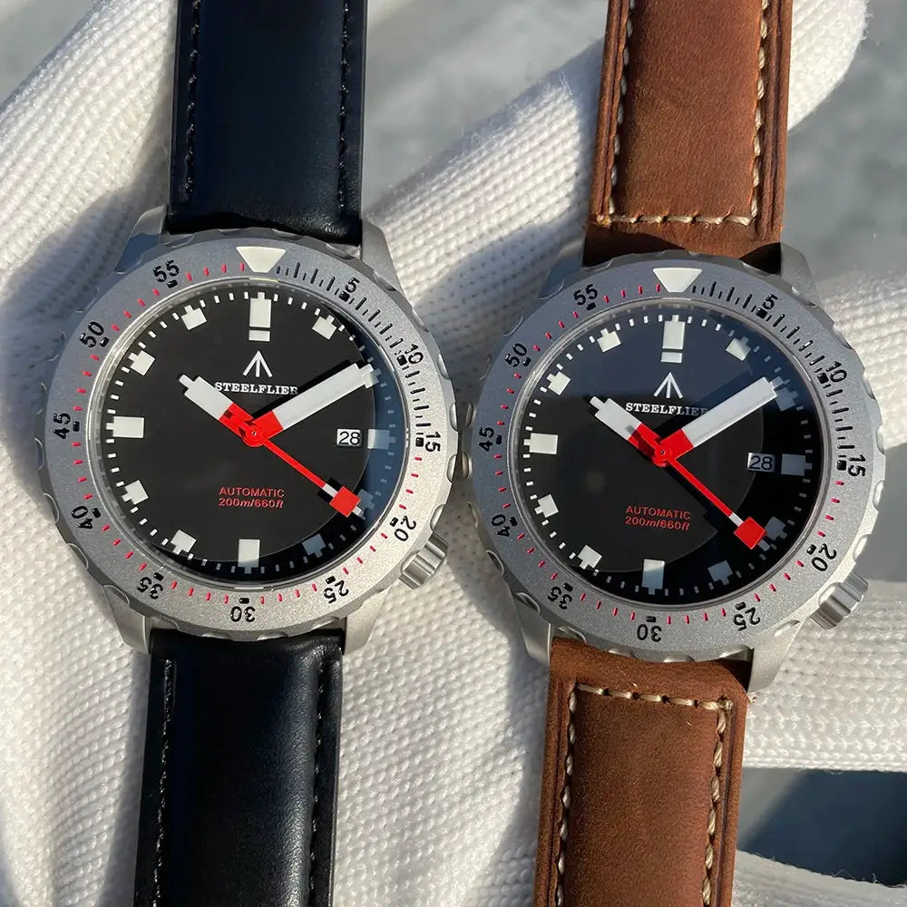 STEELFLIER SF752 automatic dive watches pair with black and brown leather straps, black dials, red hands