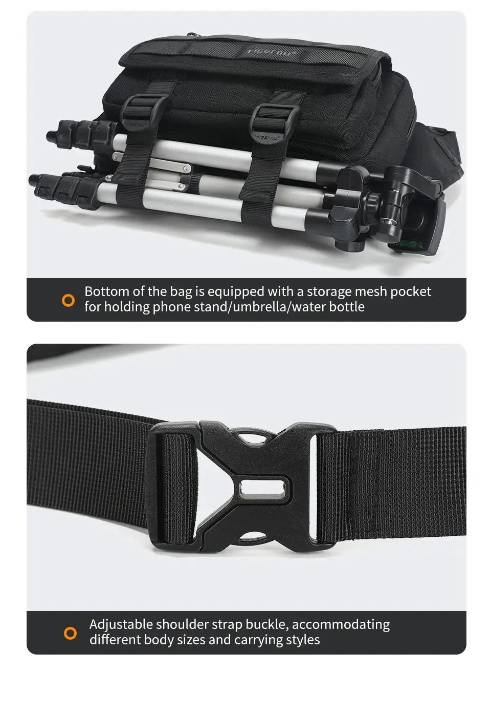 Tigernu black men's outdoor chest bag with adjustable strap and buckle; versatile sling/shoulder messenger pack