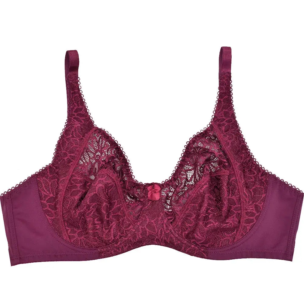 Plus size lace bra by Simples Market in burgundy, underwired floral lace with bow detail.