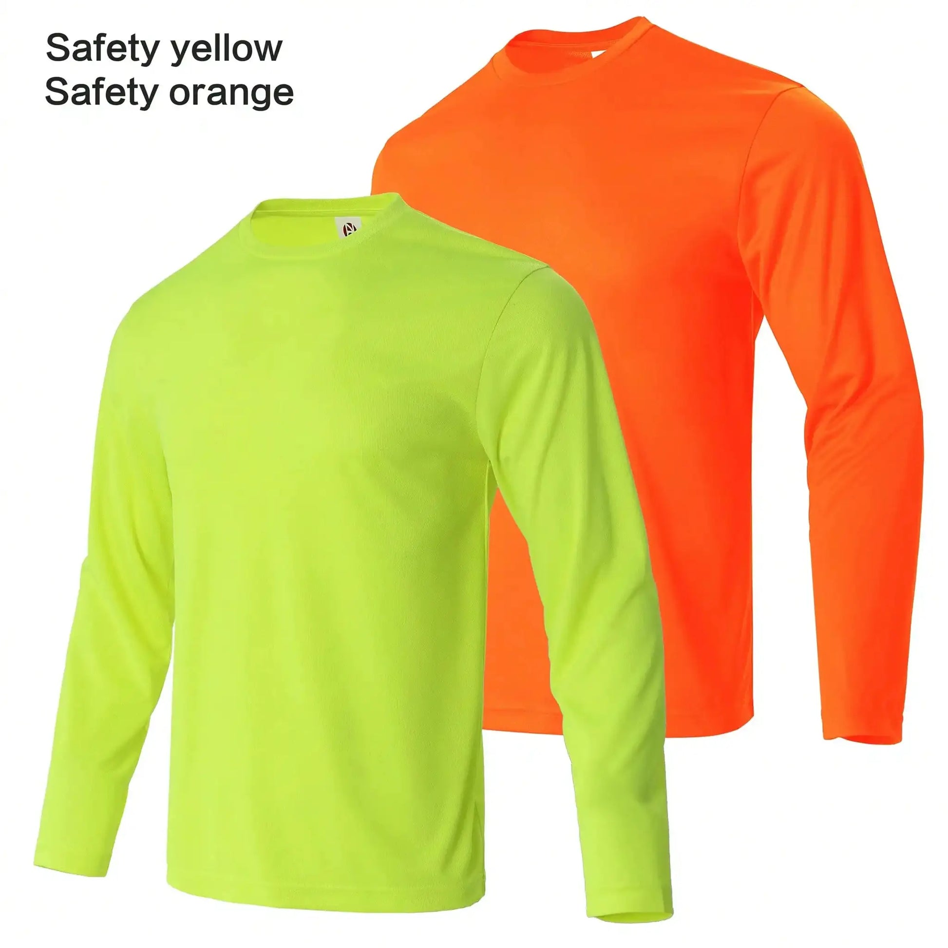 Men's performance long sleeve moisture-wicking T-shirts in neon lime and safety orange, two-pack.