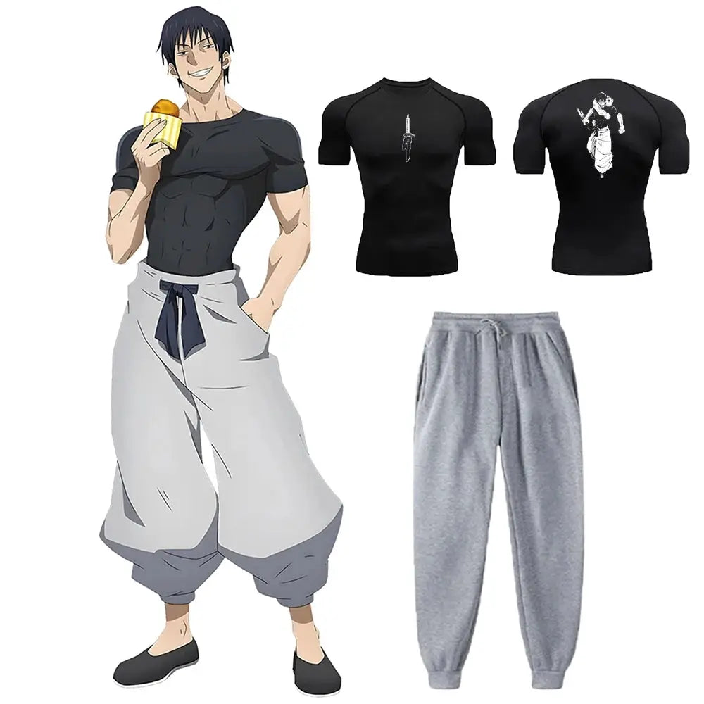 Jujutsu Kaisen Toji compression shirt set by Simples Market: two black quick-dry tees and grey sweatpants, unisex athletic wear.