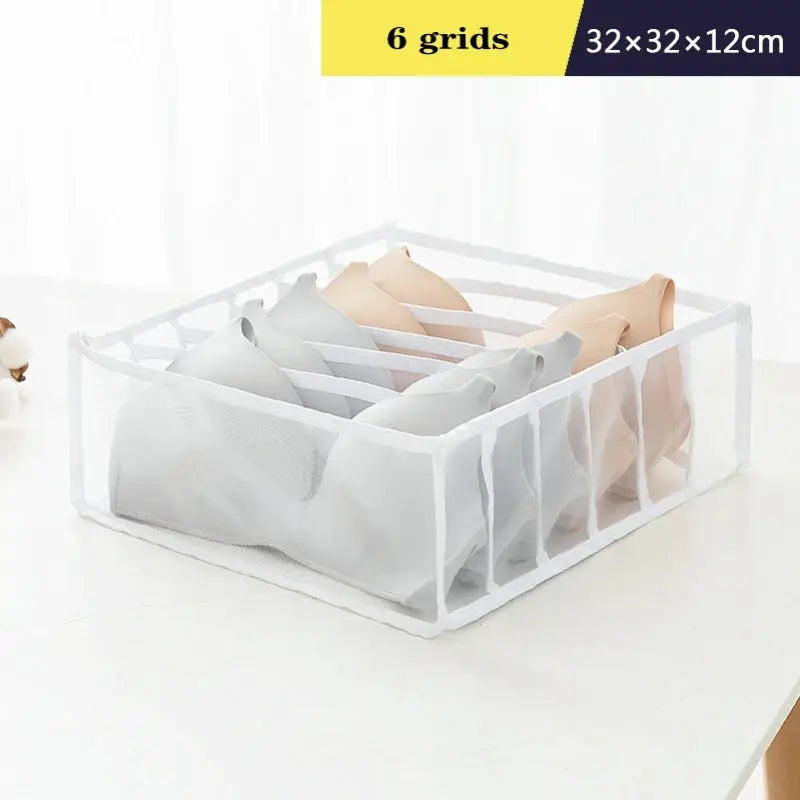 Six-grid fabric organizer box for underwear and socks, white mesh, 32x32x12 cm, Simples Market