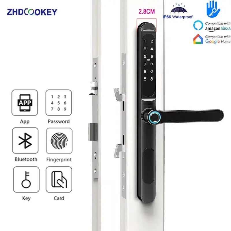 Slim sliding door smart lock 2.8cm black with fingerprint keypad, IC card, Bluetooth, app and Alexa