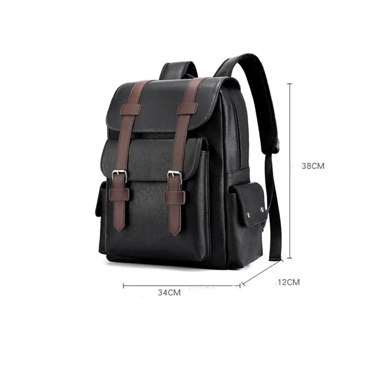 Backpack by Simples Market, black PU leather with brown straps, large laptop backpack, 38x34x12 cm