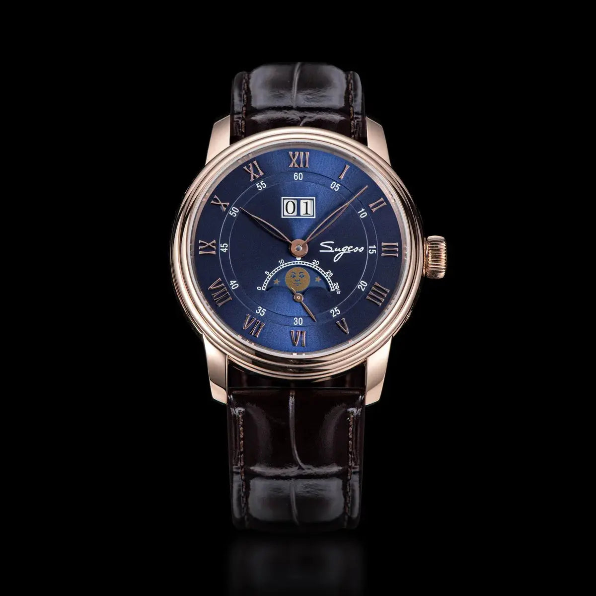 Sugess Moonphase men’s wristwatch, 40mm rose-gold case, blue sandstone dial with Roman numerals, brown leather strap