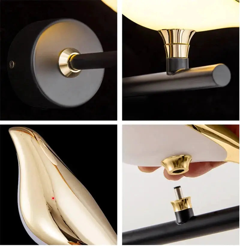 Magpie bird LED wall lamp by Simples Market; gold finish wall sconce with black rod and white shade